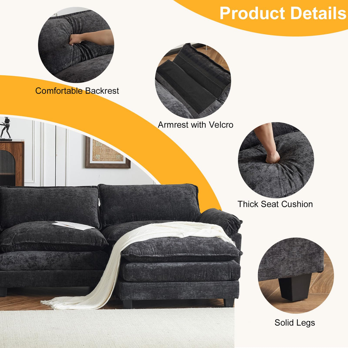 Karl home 122" Sectional Couch 3-Seat Deep Sofa Couch with Ottoman Modern L Shape Sectional Sofa Chenille Upholstered for Living Room, Apartment, Studio, Office, Black Karl home