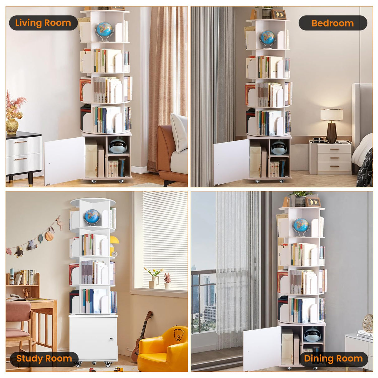 RUNSUNSPRI 6 Tier Rotating Bookshelf Spinning Bookshelf Tower 360° Revolving Bookcase with Storage Cabinet Corner Organizer Storage Round Carousel with Wheels, White RUNSUNSPRI
