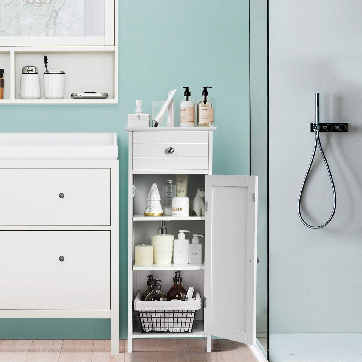 Tangkula White Wooden Bathroom Floor Cabinet with Large Drawer and Adjustable Shelves Tangkula