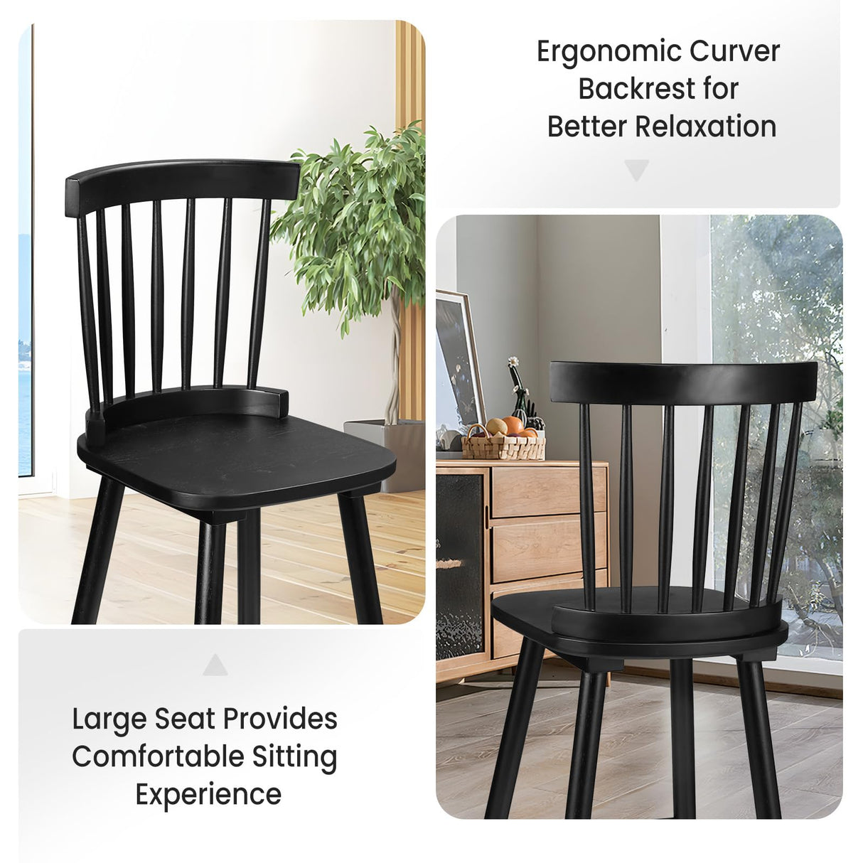 Unovivy 24" Windsor Wooden Bar Stools Set of 4, Farmhouse Counter Height Barstool with Spindle Back, Widen Seat, Modern Mid-Century Country Style, for Kitchen Island Dining Room, Black Unovivy