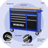 WORKPRO 42-Inch 7-Drawers Rolling Tool Chest, Mobile Tool Storage Cabinet with Wooden Top, Equipped with Casters, Handle, Drawer Liner, and Locking System, 1000 lbs Load Capacity WORKPRO