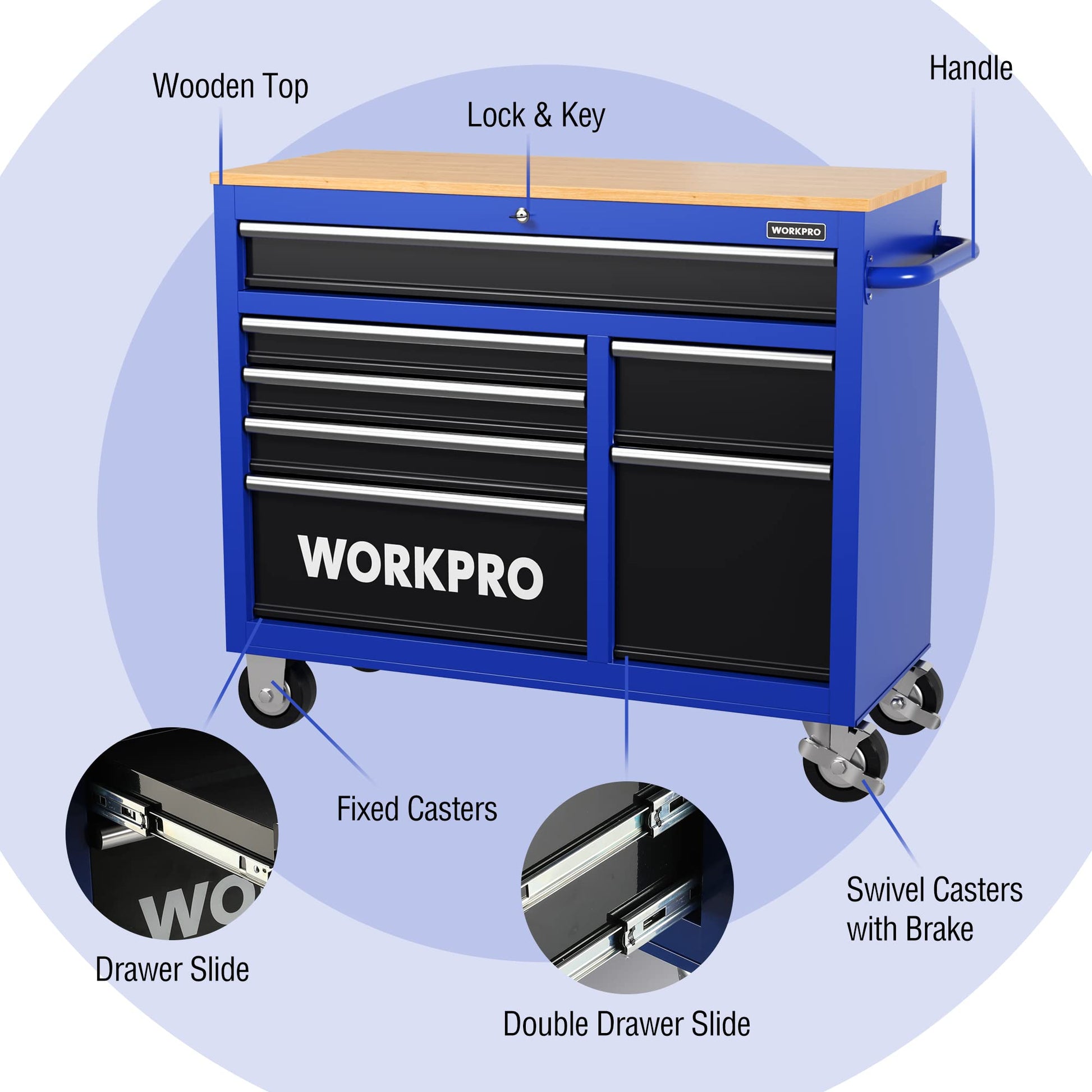 WORKPRO 42-Inch 7-Drawers Rolling Tool Chest, Mobile Tool Storage Cabinet with Wooden Top, Equipped with Casters, Handle, Drawer Liner, and Locking System, 1000 lbs Load Capacity - WoodArtSupply