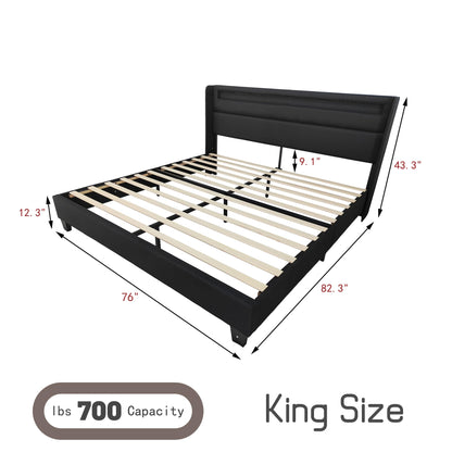 Alazyhome King Size Bed Frame with LED Lights and Upholstered Linen Headboard