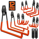 Garage Hooks, 12 Pack Wall Storage Hanger with 2 Extension Cord Straps, Heavy Duty Tool Holder for Utilities Organization, Wall Mount Rack for Garden Lawn Tools, Ladders, Bike, Ski (Orange) SMARTOLOGY