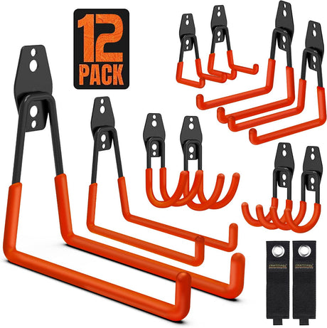 Garage Hooks, 12 Pack Wall Storage Hanger with 2 Extension Cord Straps, Heavy Duty Tool Holder for Utilities Organization, Wall Mount Rack for Garden Lawn Tools, Ladders, Bike, Ski (Orange) SMARTOLOGY