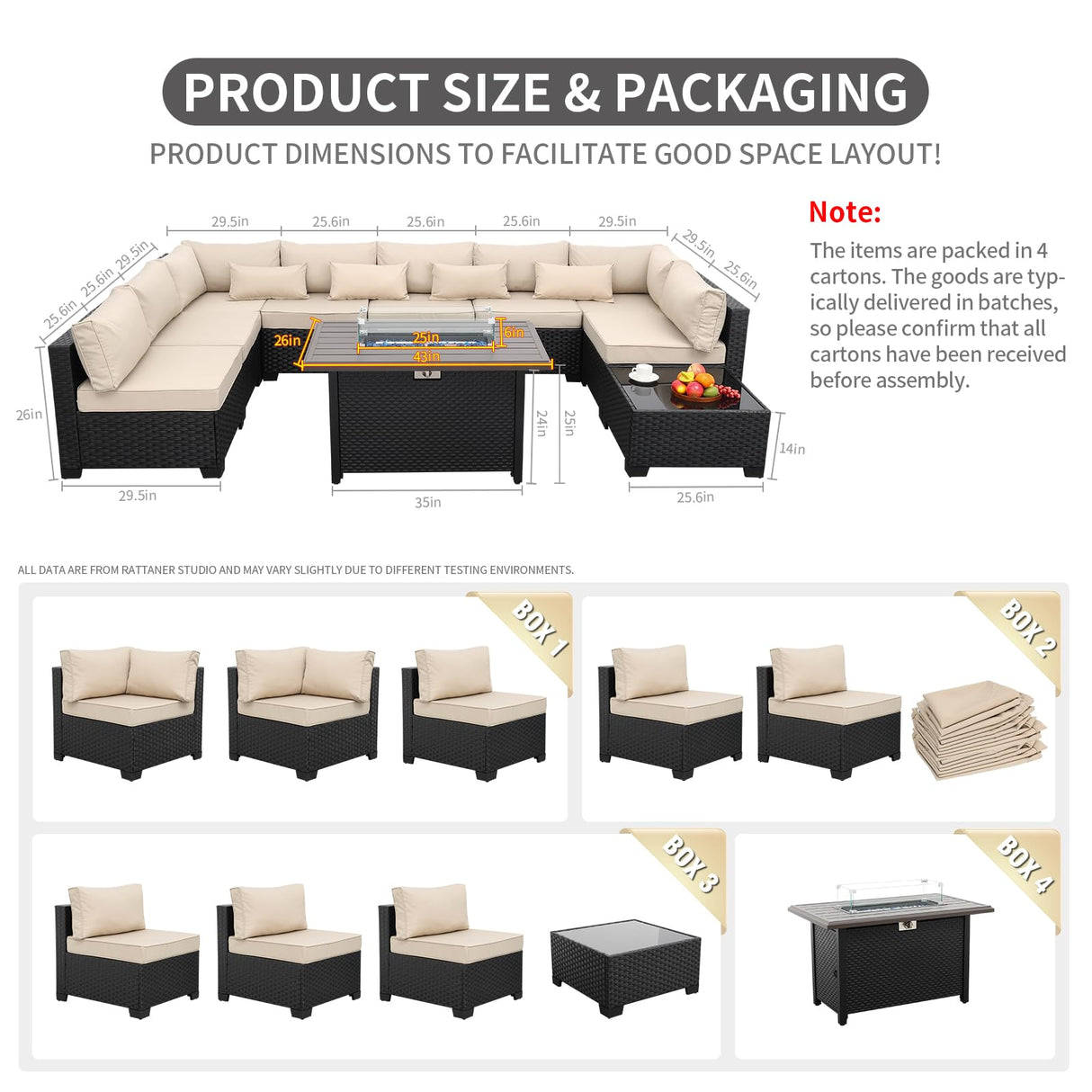 Rattaner 10 Pieces Outdoor Sectional All-Weather Wicker Patio Furniture Set Patio Sectional and Steel Fire Table and Glass Patio Table Non-Slip Cushions and Waterproof Covers, Khaki Rattaner