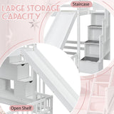 Duxelifin Twin Over Full Bunk Beds with Slide and Stairs, Low Bunk Bed Frame with Rails, Convertible Wood Bunk Bed with Storage Staircase for Kids Boys Girls, White Duxelifin