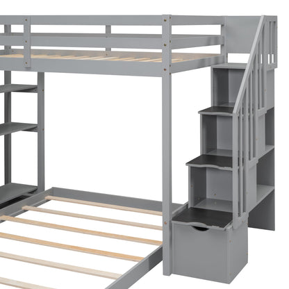 Harper & Bright Designs Grey Twin Over Full Bunk Bed with Storage Stairs and Drawers