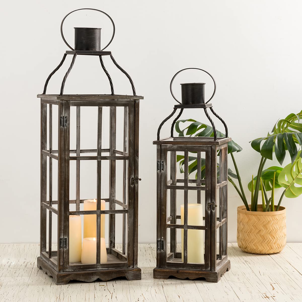 Glitzhome Farmhouse Oversized Wood Metal Lanterns Decorative Hanging Candle Lanterns Set of 2, Black (No Glass) Glitzhome