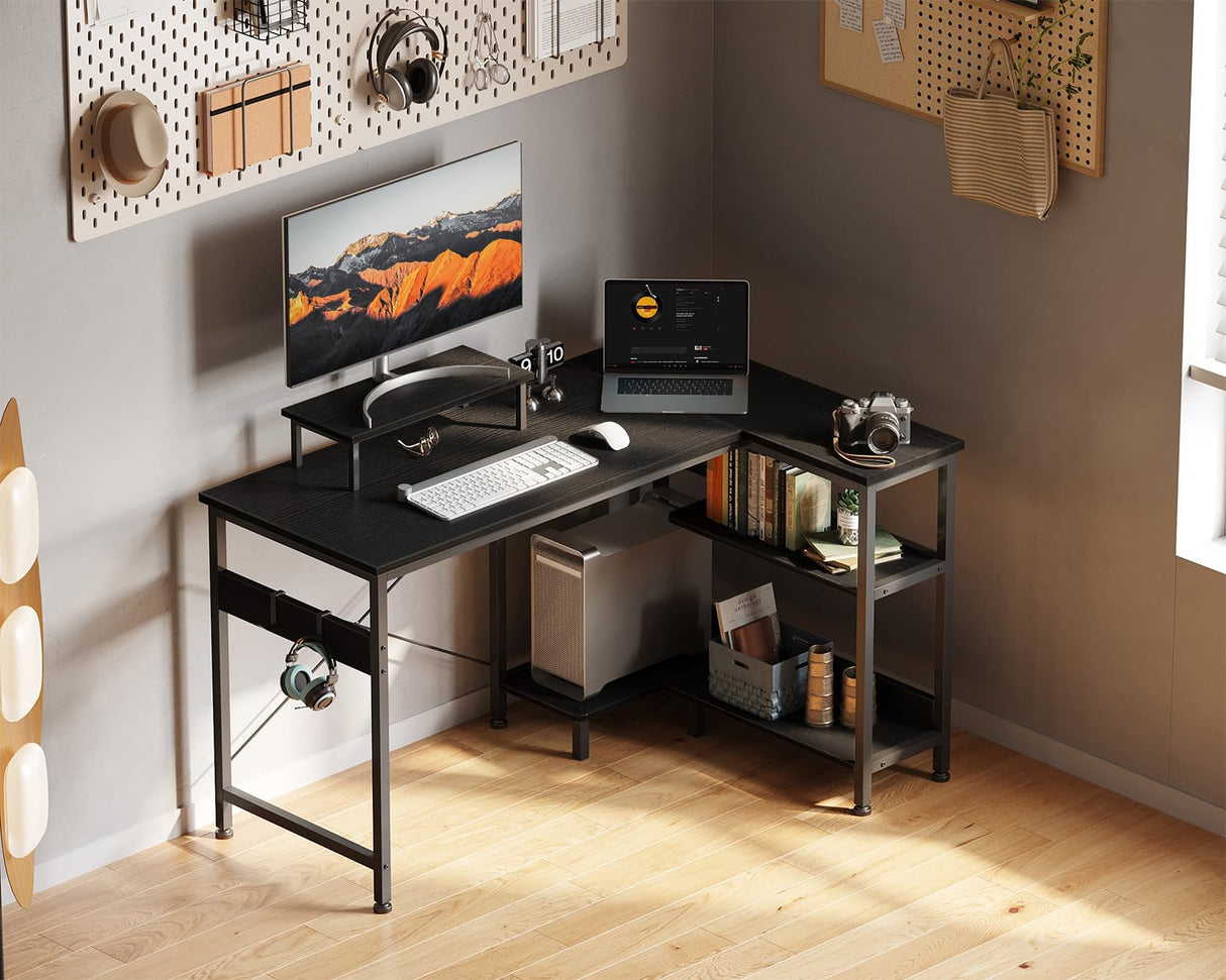 ODK 47 Inch Small L Shaped Computer Desk with Reversible Storage Shelves, L-Shaped Corner Desk with Monitor Stand for Small Space, Modern Simple Writing Study Table for Home Office Workstation, Black ODK