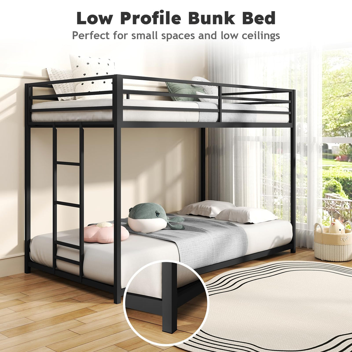 Zevemomo Twin Over Twin Bunk Bed, Metal Low Profile Bunkbeds with Full-Length Guardrail and Ladder, Space Saving, No Boxing Spring Needed, Black Zevemomo