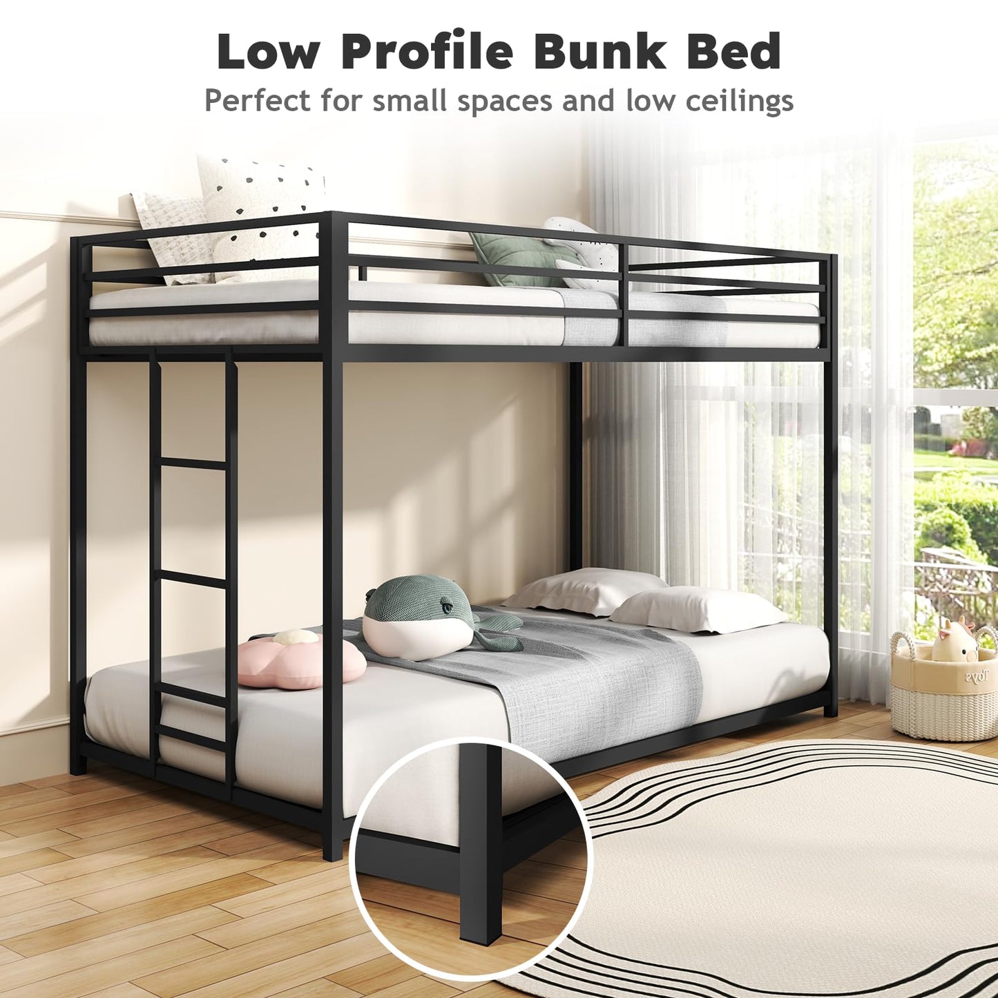 Zevemomo Twin Over Twin Bunk Bed, Metal Low Profile Bunkbeds with Full-Length Guardrail and Ladder, Space Saving, No Boxing Spring Needed, Black