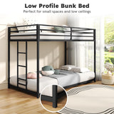Zevemomo Low Twin Over Twin Bunk Bed for Kids, Metal Bed Frame with Built-in Ladder, High Top Protect, Floor Bed Bottom Bunk, Space Saving, No Boxing Spring Needed, Black Zevemomo
