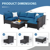 PAIQIAN 7 Piece Patio Furniture Set, Sectional Sofa Set Outdoor Rattan Patio Outdoor Sectional, Rattan Chairs Glass Table Seating Sectional Sofa with Cushions (Brown Blue) PAIQIAN
