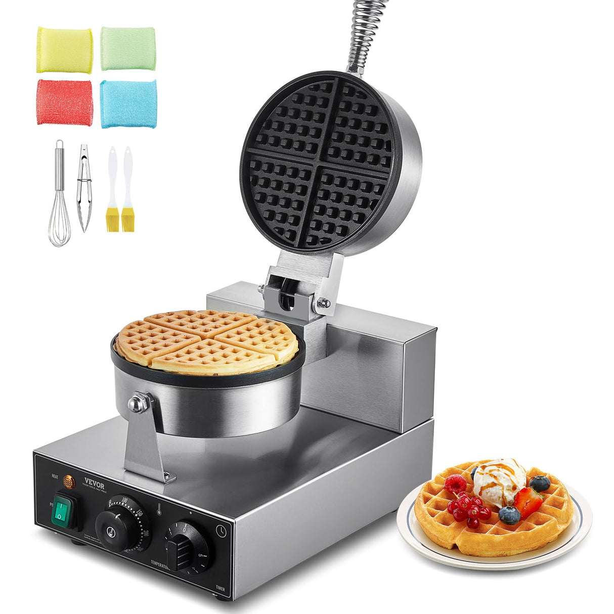 VEVOR Commercial Waffle Maker, 1230W Round Waffle Baker Machine, Non-Stick Stainless Steel Belgian Waffle Iron with Temperature and Time Control, Handle, for Restaurant Bakery Snack Bar Family VEVOR