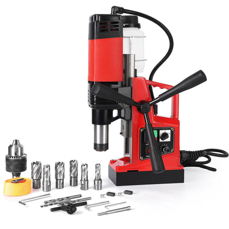 GARVEE Magnetic Drill Press, 1400W 810RPM Portable Mag Drill Press, 10-Speed Core Drilling Machine for Metal Working,10Pcs Annular Cutters Drill Bits，Red Garvee
