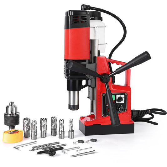 GARVEE Magnetic Drill Press, 1400W 810RPM Portable Mag Drill Press, 10-Speed Core Drilling Machine for Metal Working,10Pcs Annular Cutters Drill Bits，Red - WoodArtSupply