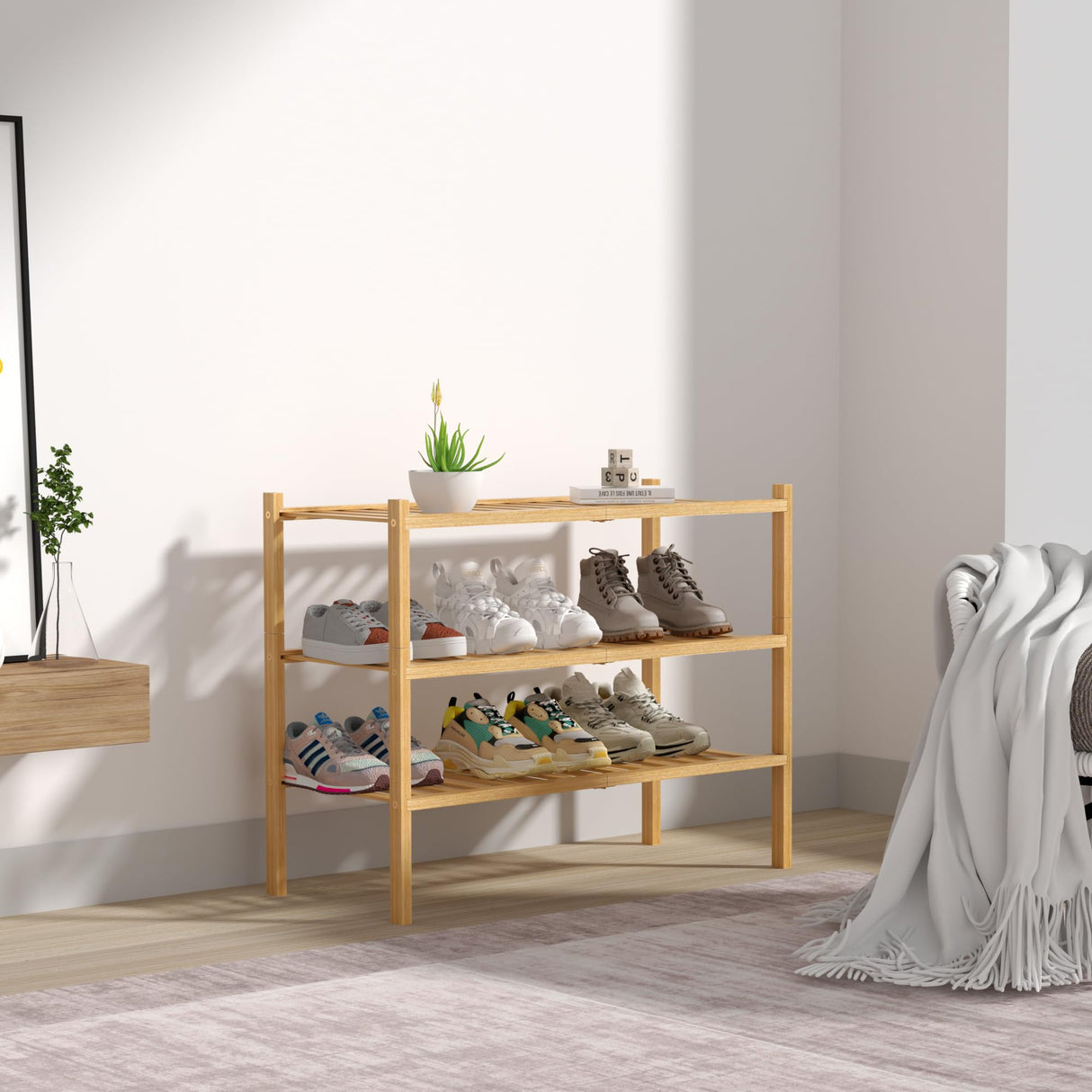 ROMGUAR CRAFT 3 Tier Bamboo Shoe Rack for Closet Free Standing Wood Shoe Shelf Storage Organizer for Entryway Small Space Stackable 27"x11"x20" (Natural) ROMGUAR CRAFT