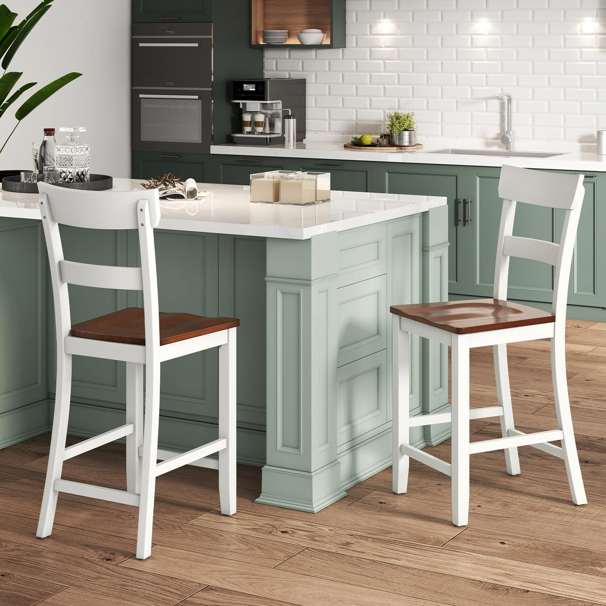 Giantex 24.5" Wooden Bar Stools Set of 2 - Farmhouse Style Rubber Wood Dining Chairs with Backrest & Footrest Giantex