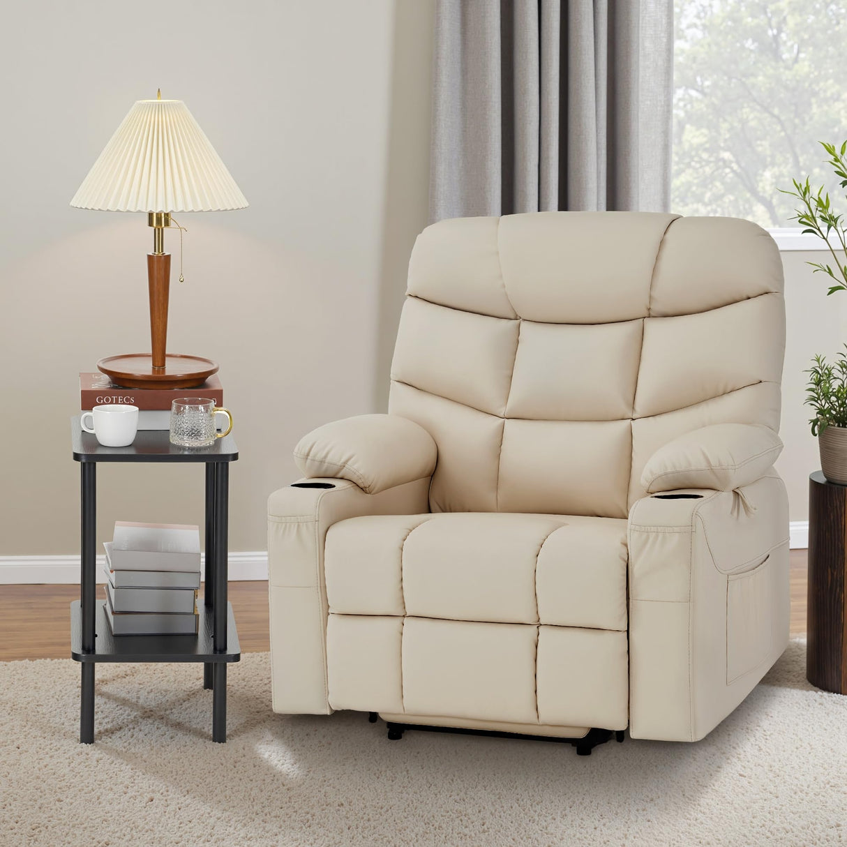 MCombo Oversized Power Lift Recliner Chair with Extended Footrest for Elderly People, Faux Leather R7289 (Cream White, Oversize) MCombo