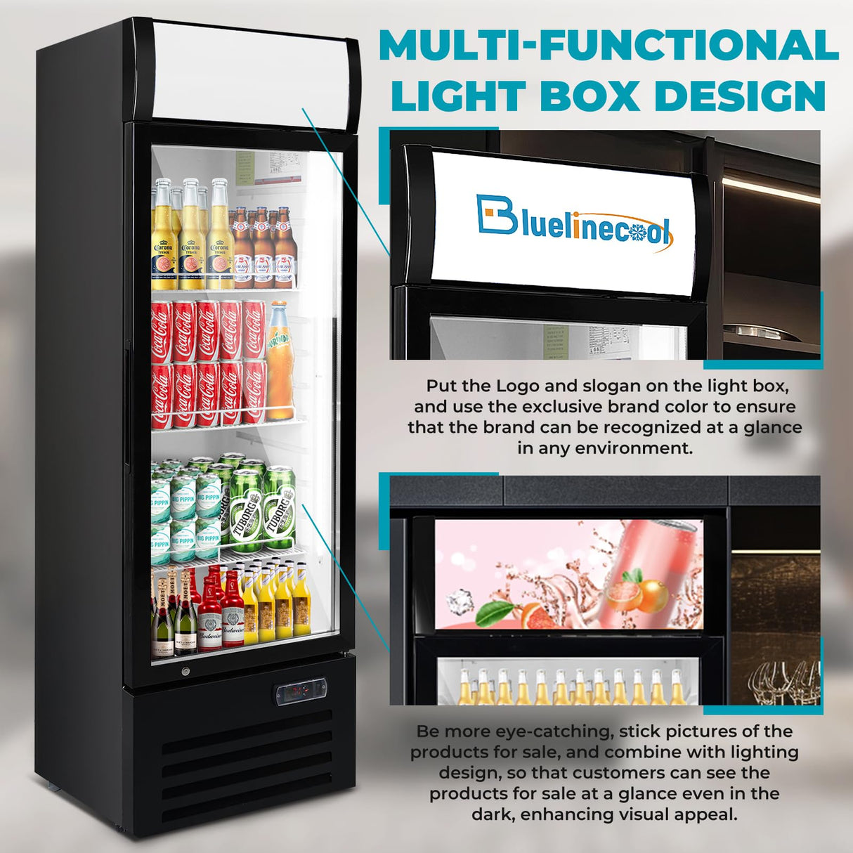 Bluelinecool Commercial Refrigerators Glass Door, 9 Cu.Ft Upright Commercial Beverage Fridge with Front LED Light, Display Refrigerator for Beer, Bar, Drink Bluelinecool