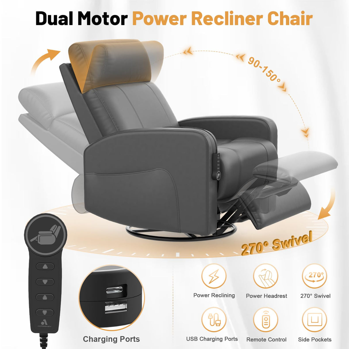 Power Loveseat Recliner Set with Adjustable Headrest, 2+1 Pieces in Living Room, 2 Seater Power Reclining Loveseat with Manual Headrest, 1 Swivel and Rocking Power Recliner Chair with Power Headrest Duitrc