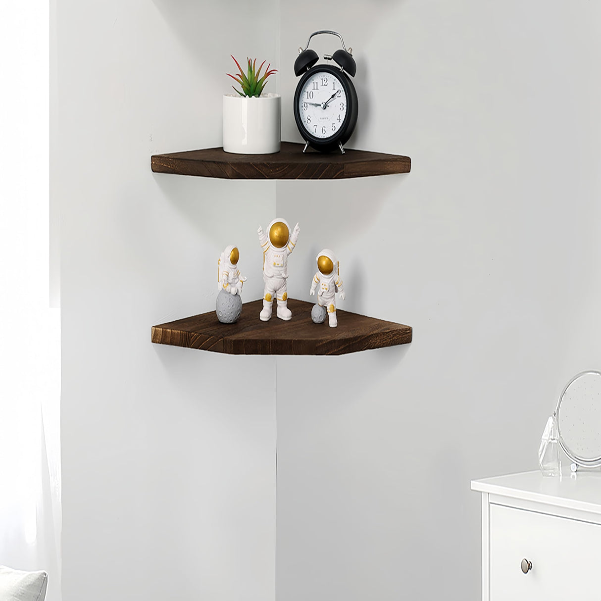 Joiishom Wood Corner Wall Shelves Set of 2, Solid Wood Corner Floating Shelves for Wall, Round End Wall Mounted Floating Corner Shelf for Bedroom, Living Room and Kitchen. (Brown-10 inch) Joiishom