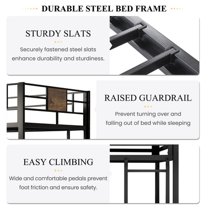 SHA CERLIN Black Metal Twin Loft Bed Frame with Stairs and Full-Length Guardrail - WoodArtSupply