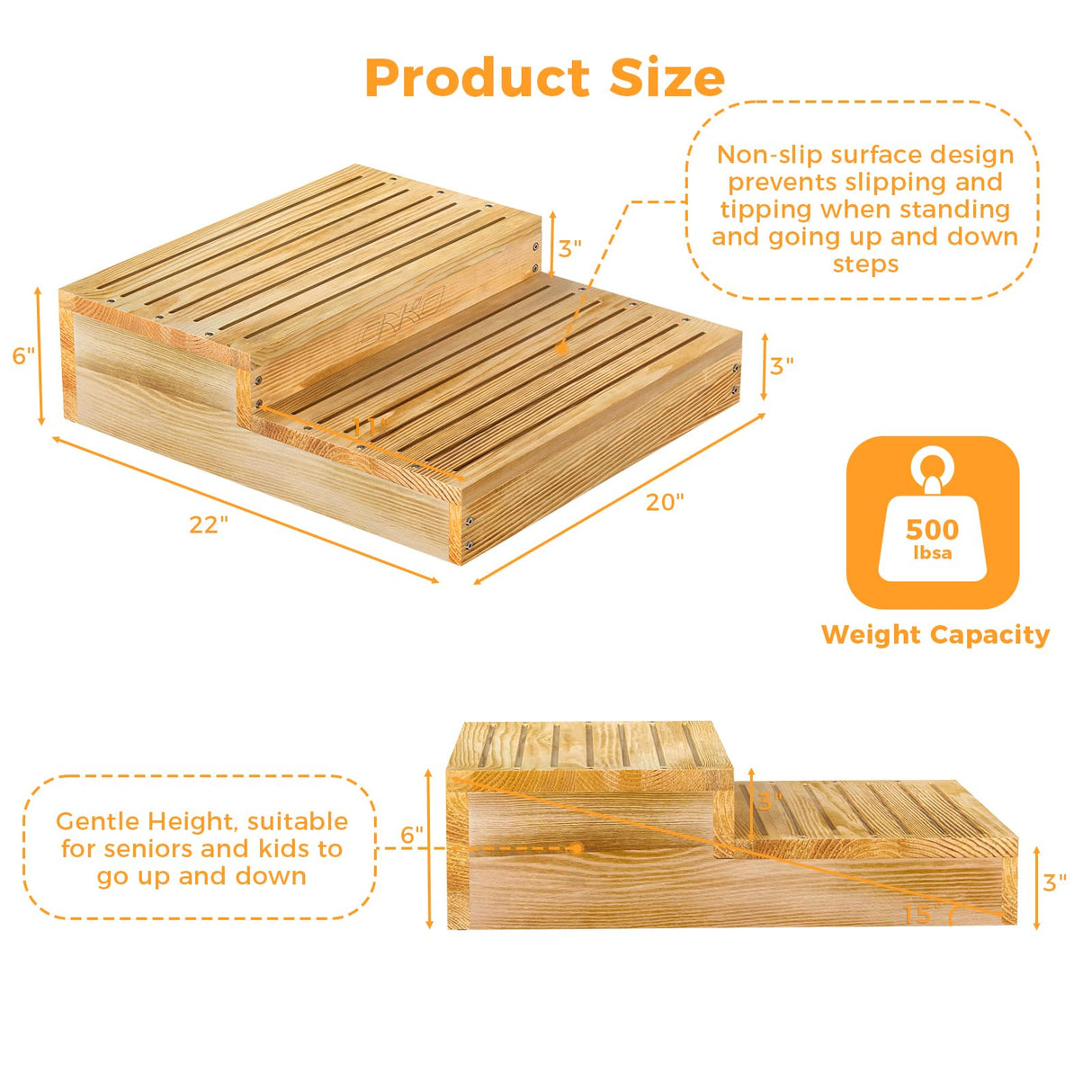 Wooden 2 Step Stool for Toddlers, Elderly Step Stool 6 Inches Height Bedside Kids Wooden Step Stool Stair Assist for High Bed, Bathroom, Garden Nature Solid Large Wood Stool, Indoor Outdoor 500 LBS ONKO