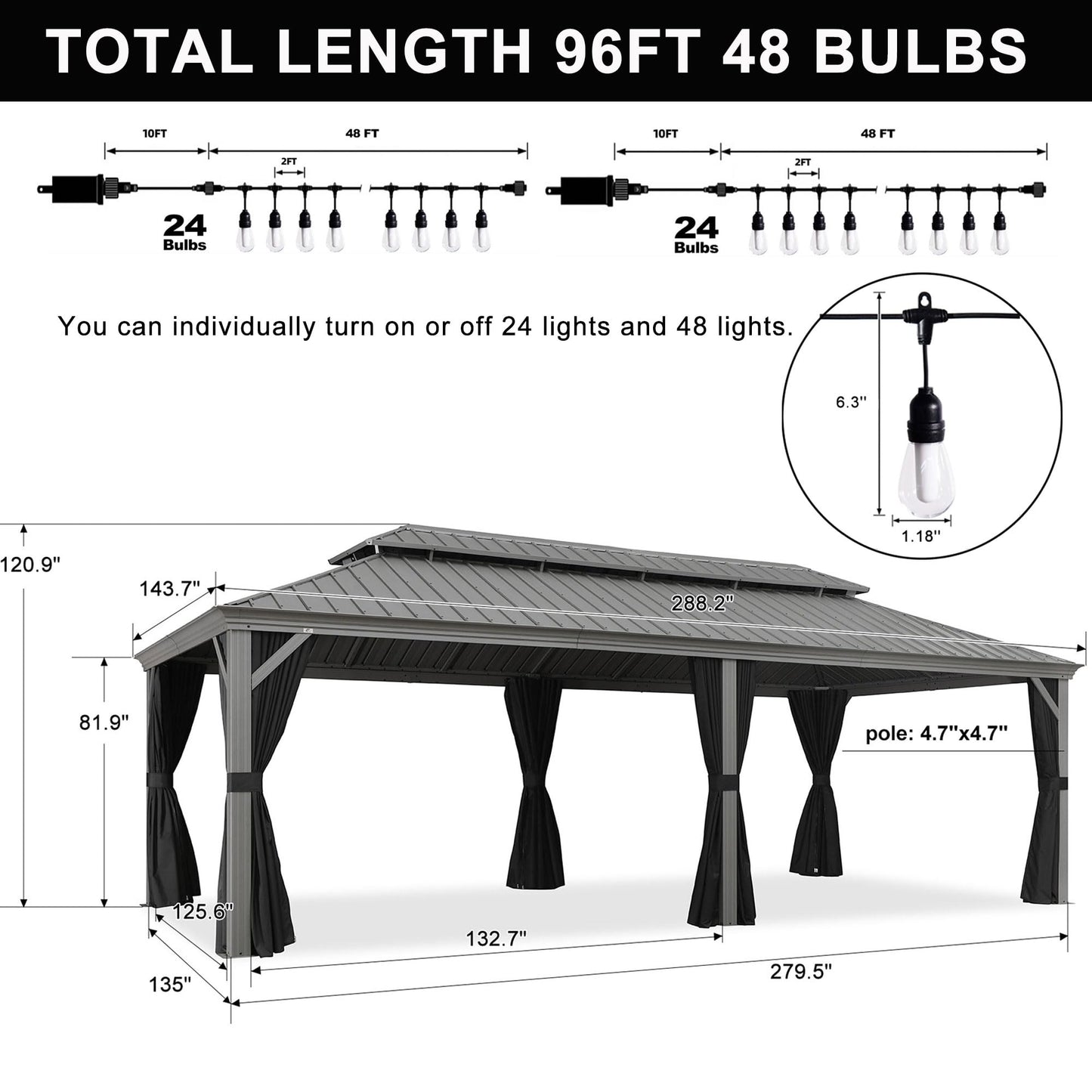 PURPLE LEAF 12' x 24' Patio Hardtop Gazebo with Light Metal Roof Heavy Duty Wind Resistance Outdoor Permanent Large Pavilion Gazebo for Patio Deck and Garden, Netting and Curtains Included, L - WoodArtSupply