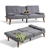 COLAMY Futon Sofa Bed-Fabric Small Futon Couch, Futon Lounge Sofa, Futon Convertible with 2 Cup Holders, Removable Soft Armrest, Adjustable Backrest for Dorm/Bedroom/College Lightgrey COLAMY