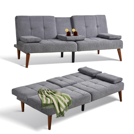 COLAMY Futon Sofa Bed-Fabric Small Futon Couch, Futon Lounge Sofa, Futon Convertible with 2 Cup Holders, Removable Soft Armrest, Adjustable Backrest for Dorm/Bedroom/College Lightgrey COLAMY