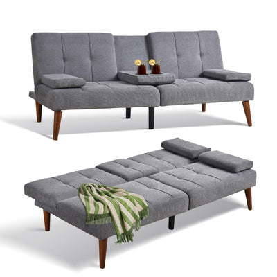 COLAMY Futon Sofa Bed-Fabric Small Futon Couch, Futon Lounge Sofa, Futon Convertible with 2 Cup Holders, Removable Soft Armrest, Adjustable Backrest for Dorm/Bedroom/College Lightgrey