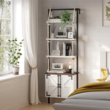 JOINICE,Farmhouse Bookshelf with Storage,71" Tall Industrial Bookcase with Shelves and Cabinet,5 Tier,Wall Mounted Ladder Shelf with Display Rack for Bedroom,Living Room,White JOINICE