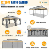 HOTEEL Gazebo 12x20, Outdoor Gazebo on Clearance with Double Ventilated Flat Roof, Privacy Curtains & Mosquito Netting, Easy Set up Canopy Tent with Stable Metal Frame for Patio, Gray (Upgraded 2.0) Hoteel