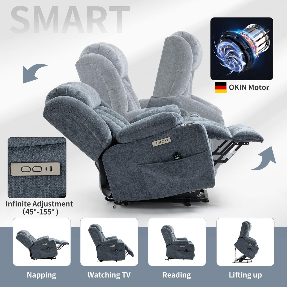 Trustyue Power Lift Chair with Full-Body Massage and Heat, Electric Recliner Chairs for Adults, Remote Control, Standing Assistance, USB Ports, Stainless Steel Cup Holders, Chenille Blue Trustyue