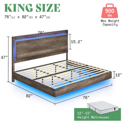 AMERLIFE Floating King Bed Frame with Recline Headboard and LED Lighting in Washed Gray - WoodArtSupply