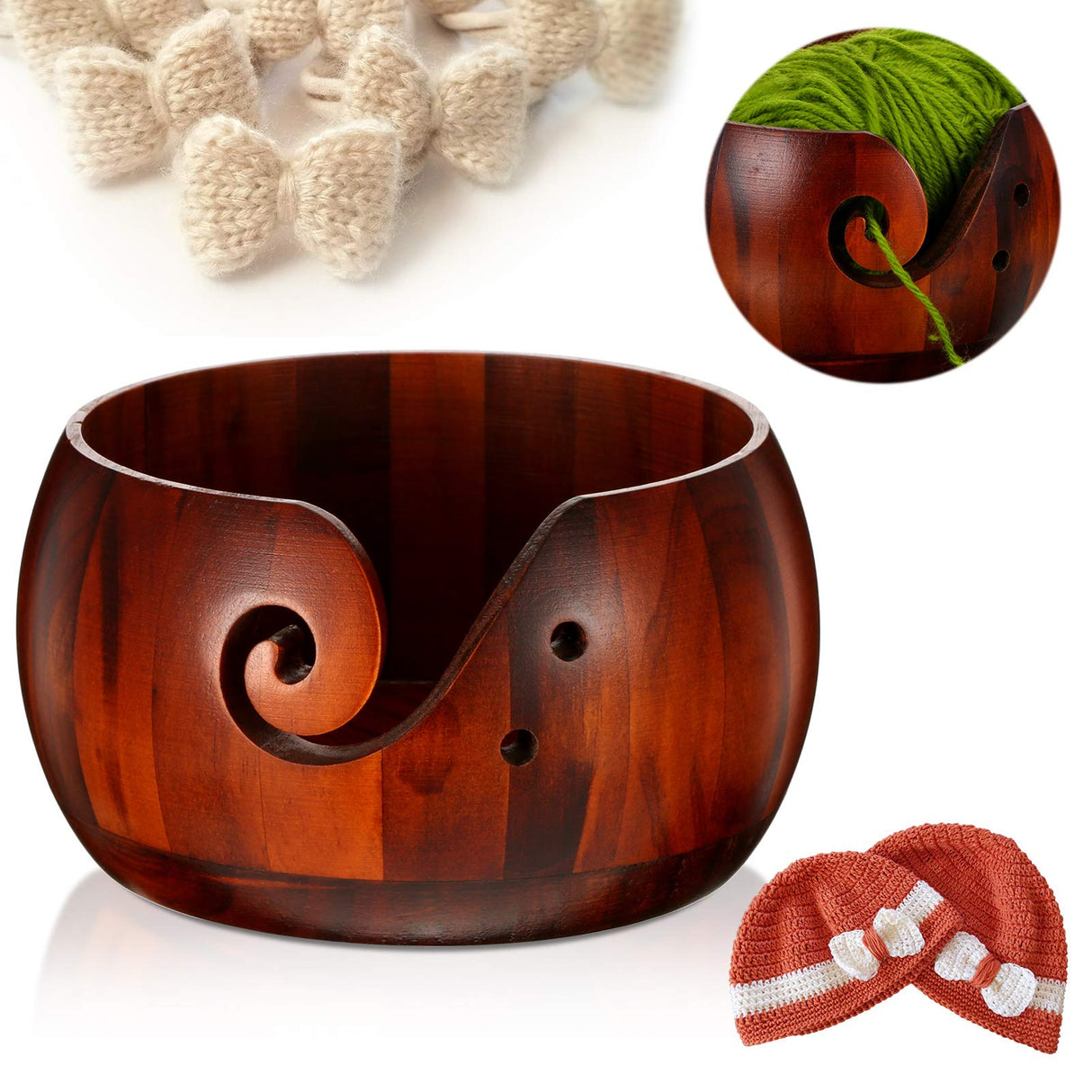 WILLBOND Wooden Yarn Bowl 6 x 3 Inches Crochet Bowl Accessories Holder with Holes for Mother Birthday Gift DIY Hand Made Knitting String Lovers Handmade Yarn Storage WILLBOND
