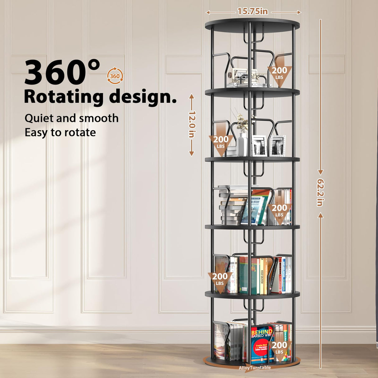 VYRIVA 5 Tier Rotating Bookshelf Tower, 360° Display Round Bookcase, Floor Standing Corner Revolving Bookshelf Organizer Storage Rack for Home Study Office, Small Spaces VYRIVA