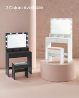 VASAGLE Vanity Desk with Mirror and Lights, Makeup Vanity with Upholstered Vanity Stool, 9 Dimmable LED Lights, 3 Compartments, 2 Drawers, for Bedroom, Cloud White URDT129W01 VASAGLE