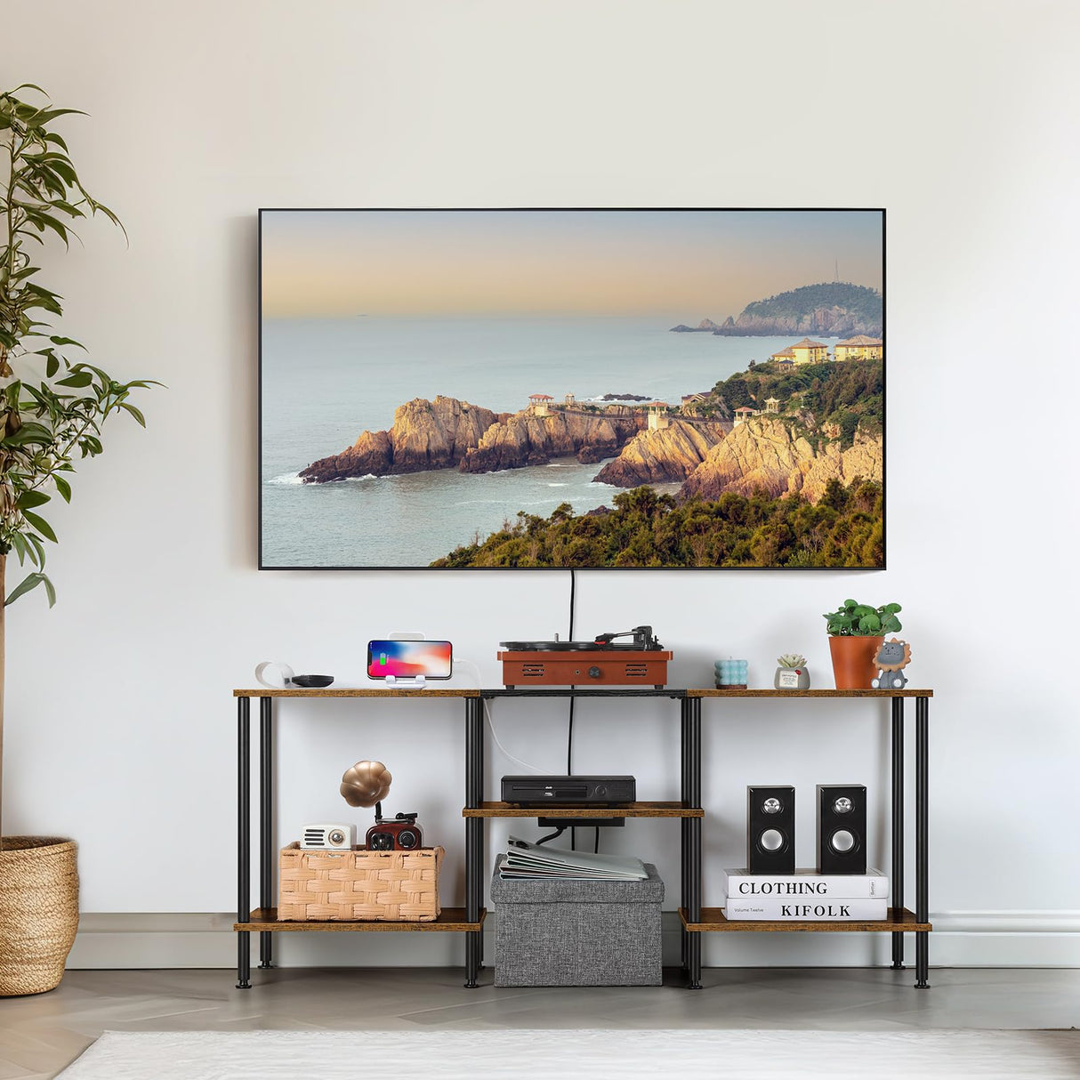 OYEAL Small TV Stand for Living Room up to 50 inch Farmhouse TV Media Entertainment Center with Power Outlets & Storage Shelf 45'' TV Cabinet Console Table for Bedroom, Rustic Brown OYEAL