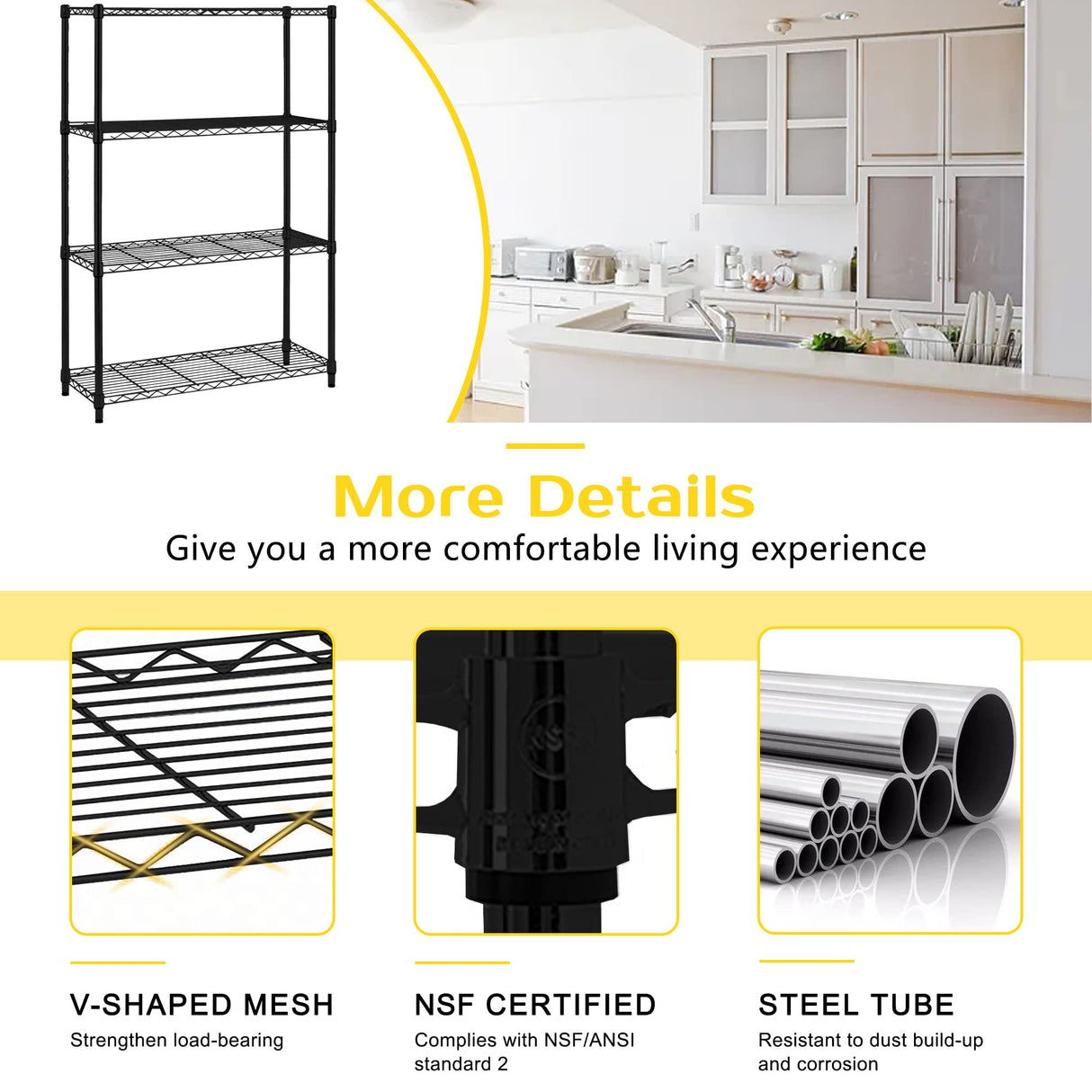 Vnewone 4-Tier Storage Shelves Large Wire Shelving Unit NSF Metal Garage Shelving 54”x36”x14” 1000 LBS Capacity Heavy Duty Height Adjustable Commercial Grade Utility Steel Rack with Wheels,Black Vnewone