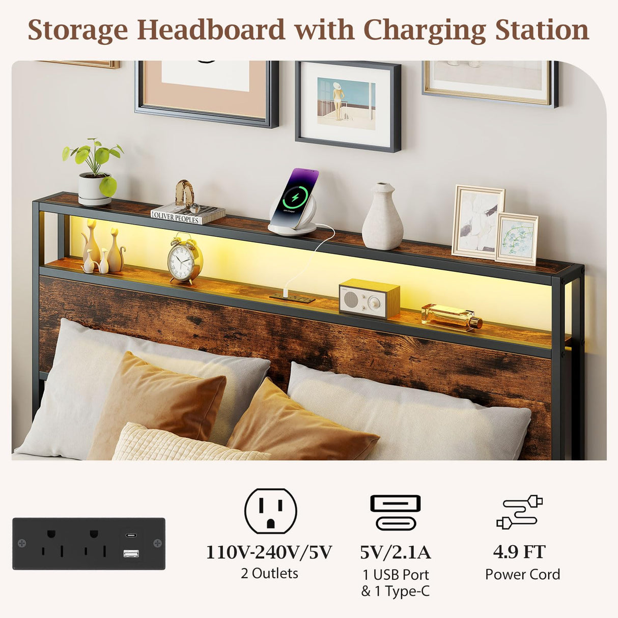 Giantex Queen Size LED Bed Frame with Charging Station & 4 Storage Drawers, Heavy Duty Metal Platform Bed with 2-Tier Storage Headboard, Noise Free, No Box Spring Needed, Rustic Brown Giantex