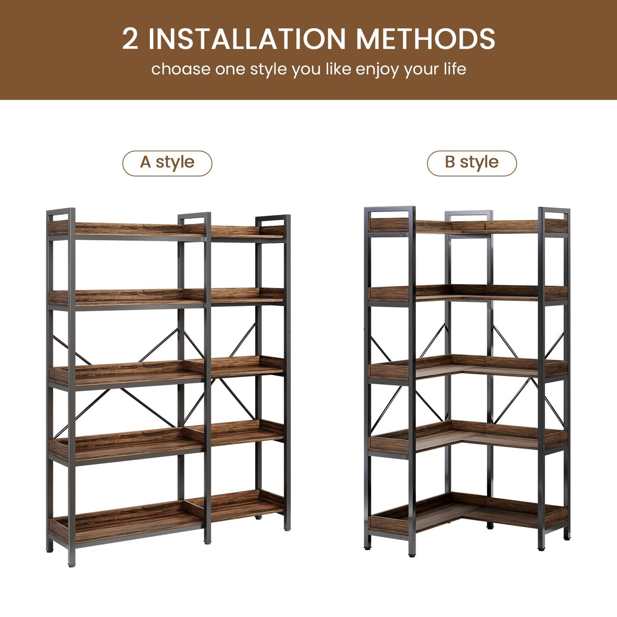 GRUSIGN 5-Tier Corner Bookshelf - Modern Tall Corner Bookcase with Sturdy Metal Frame, Large Storage L Shaped Bookshelf for Living Room/Home Office/Bedroom, Space-Saving Design, Rustic Brown GRUSIGN