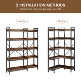 GRUSIGN 5-Tier Corner Bookshelf - Modern Tall Corner Bookcase with Sturdy Metal Frame, Large Storage L Shaped Bookshelf for Living Room/Home Office/Bedroom, Space-Saving Design, Rustic Brown GRUSIGN