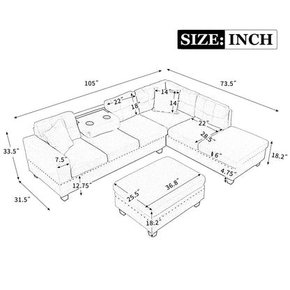 P PURLOVE Sectional Sofa with Reversible Chaise and 2 Pillows, Polyester L-Shaped Sofa with Storage Ottoman and Cup Holders, Sectional Couche Living Room Furniture Sets (Gray) - WoodArtSupply