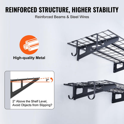 VEVOR 2 x 4 ft Garage Shelving Wall Mounted, 2 Pack Heavy Duty Garage Wall Shelves 500lbs Capacity, Garage Storage Rack Floating Shelves for Shop, Shed, Garage Storage