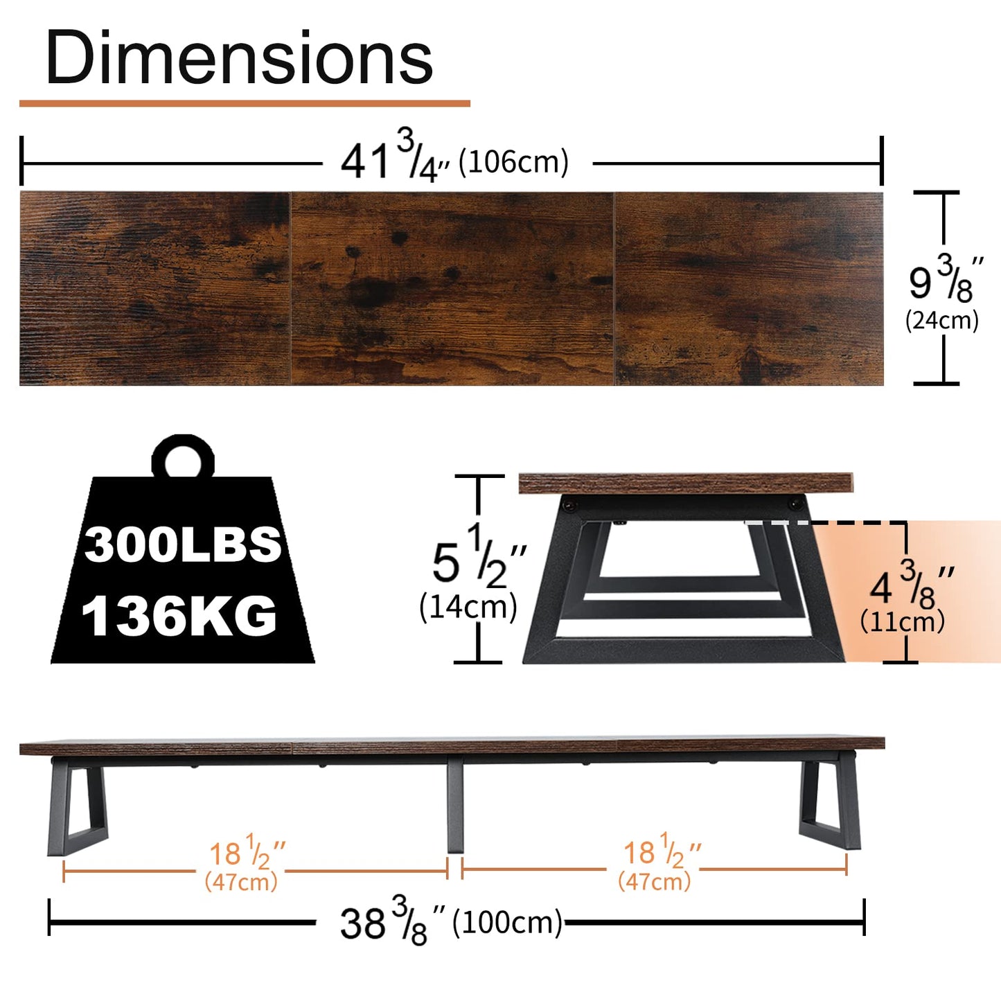 TEAMIX 42 inch Large [Dual] [Monitor] [Riser],Rustic Brown Extra Long TV [Stand Wood & Steel Desktop [Riser] with Storage for [Dual] Screen Office Desk Organization - WoodArtSupply