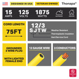 Thonapa Lighted Outdoor Extension Cord 75 ft - 12 Gauge 15 Amp Heavy Duty Power Extension Cords - SJTW - Great for Major Appliances, Power Tools, Garden Supplies - Yellow Thonapa