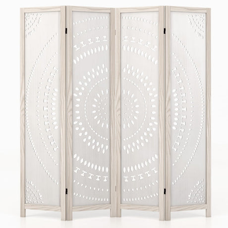 Giantex Room Divider 4 Panels - 66'' Boho Room Dividers with Carved Pattern & Solid Wood Frame, Folding Privacy Screen for Bedroom Office, Partition Wall Divider for Room Separation, Washed White Giantex